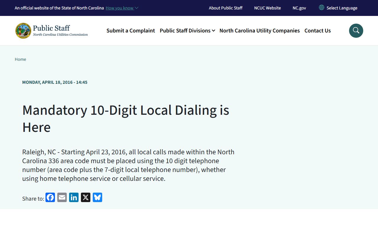 Asheboro phone area codes 10-digit dialing announcement